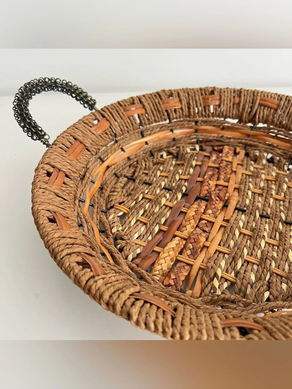 Vintage Handwoven Round Basket Wire Handles Mixed Material 11